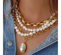 4 pezzi Set di collane vintage eleganti alla moda in stile francese vintage con monete, perle e catene cave a più strati, collana personalizzata dolce sofisticata in stile Y2K, adatta per donne in aut