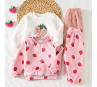 4 pezzi Set di felpa a girocollo a maniche lunghe con fodera termica e pantaloni in vita elastica a fantasia di fragole per bambina 6-9M,9-12M,12-18M,18-24M,2-3YFrutta & verduraTessuto