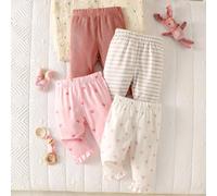4 pezzi Set di pantaloni per neonata primavera/autunno, con stampe di farfalle e fiocchi, rosa tenue unito, a righe e a cuori, con volant sul fondo, stile dolce e carino, adatto per uso quotidiano o u