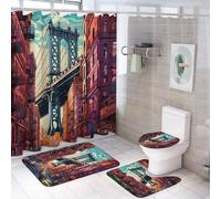 4 pezzi set di tende da a con ponte di città colorate, set di tende da a con edificio rosso moderno per il bagno, set di tappeti e accessori, arredamento per il bagno con tappetini da bagno