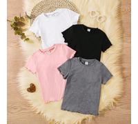 4 pezzi/set Magliette casual alla moda, dolci e carine, a maniche corte, a girocollo, per ragazze giovani 6Y,7Y,4Y,5YColore unicoTessuto in maglia