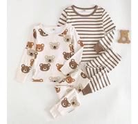 4 pezzi Set pigiama aderente per bambino/bambina, motivo a cartone animato orso e stampa a righe, maglia in morbido tessuto a collo equipaggio e maniche lunghe, pantaloni lunghi in vita elastica, vers