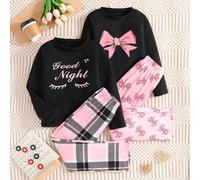 4 pezzi Set pigiama casual per ragazze, pigiama rosa con decorazione fiocco "Buona notte", per esperienza di moda, multi-pezzo, adatto per vacanze di primavera/autunno, San Valentino, uso quotidiano, 