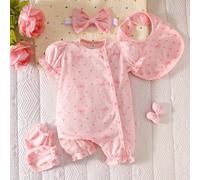 4 pezzi Set regalo per neonata | Tutina a maniche corte rosa + fascia per capelli + bavaglino + guanti, stampa a cuori e fiocchi, bordi arricciati, morbido e delicato sulla pelle, adatto per festa di
