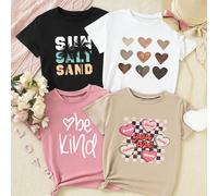 4 Pezzi/set T-shirt Stampate Per Ragazze Tween Con Slogan Estivi D'amore E Alberi Di Cocco 8Y,9Y,10Y,11Y,12YGeometrico,Cuore,Lettere,PianteCotone