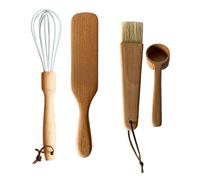 4 Pezzi Set Ut e nsili Cucina in Legno Cucchiaio, Spatola, Pennello | Finitura senza Bave, Riutilizzabile e Pratica, Include Cucchiaio Latte in Polvere, per Preparazioni Quotidiane