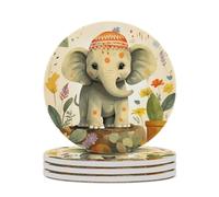 4 pezzi Sottobicchieri per bevande a forma di elefante con pianta e base in sughero, sottobicchieri rotondi per tazze, tappetino di protezione da tavolo per vari tipi di tazze