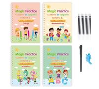 4 Pezzi Spagnolo Quaderno Magico con Scanalature Confezione, Quaderno per Calligrafia con Penne e Impugnatura, Quaderni Magici Riutilizzabili per Bambini, Quaderni di Esercizi per Bambini