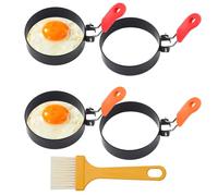 4 Pezzi Stampo Pancake 7.6cm con Maniglia Pieghevole Anelli per Uova in Acciaio Inox con Manici Pieghevoli in Silicone e Spazzola per Olio Stampo per Pancake per Omelette Frittelle Dolci Muffin