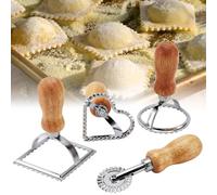4 Pezzi Stampo per Ravioli, Stampi per Ravioli Set, Taglia Ravioli, Forme per Ravioli, Rotella Tagliapasta per Tortellini, Ravioli Maker con Manico in Legno, per Fare Pasta Gnocchi e Biscotti