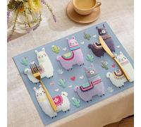 4 Pezzi Tovagliette Americana Grigio-Blu Alpaca Bohémien 3D 45X30Cm Tovaglietta Americane In Lino Motivo Cactus Carino Lavabili Sottopiatto Per Sala Da Pranzo Tavolo Da Cucina