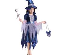 4 Pezzi Vestito Halloween Bambina da Strega, Costume Strega Bambina Vestito Glitter, Cappello, Bacchetta Magica e Borsa Vestito Halloween Bambino per Carnevale Feste Cosplay (01-Blu, 6-7 anni)