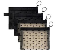 4 piccole trousse per il trucco, con cerniera, con stampa a cuore, in rete, con stampa a forma di cuore, borsa trasparente per cosmetici, carina ed elegante, per borse da donna, colore bianco e nero