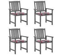 4-Piece Garden Chairs with Cushions, Solid Acacia Wood in Gray Finish, Rustic Outdoor Patio Dining Set for Terrace, Backyard, Comfortable Seating with Checkered Red Pattern, Max Load 110kg