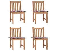 4-Piece Teak Wood Garden Chairs Set with Cushions, Outdoor Patio Furniture for Relaxing in Sun, Weather-Resistant Solid Wood Seating with Checkered Red Pattern, Includes 4 Chairs and 4 Seat Cushions