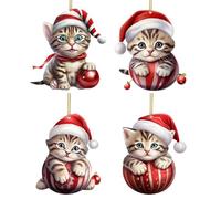 4 Pieces Cat Christmas Tree Decor with Santa Hat - Christmas Ornament Cat Design | 2D Acrylic Charm For Door Home Winter Garden Yard Car Party Window Backpack