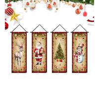 4 Pieces Holiday Porch Sign Christmas Banner | Santa Snowman Elk Front Door Banner, Four Pieces Set For Home Parties Wall Room Patio Window Outdoor Indoor Balcony Yard
