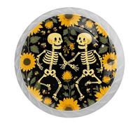 4 pomelli divertenti per armadietti con scheletro di girasole, pomelli rotondi bianchi da 35 mm, per cassettiera, maniglie per porte e armadietti, maniglie per porte e maniglie, per decorare la casa