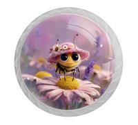 4 pomelli e maniglie per credenza a forma di ape e margherita, rotondi da 35 mm, colore bianco, per armadio, mobili, 2 misure di viti incluse