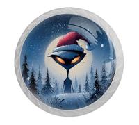 4 pomelli e maniglie per credenza con alieni natalizi, 35 mm, rotondi, bianchi, per mobili da armadio, viti di due dimensioni incluse