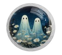 4 pomelli per armadietti a forma di fantasma di Halloween, con viti di 2 dimensioni, 35 mm, colore bianco, rotonde, per cassetti, armadi, porte, per cucina e cassettiera, armadio da bagno, ufficio