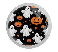 4 pomelli per armadietti a forma di zucca fantasma di Halloween, con viti di 2 dimensioni, 35 mm, bianche, rotonde, per cassetti, armadi, porte, per cucina e cassettiera, armadio da bagno, ufficio