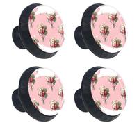 4 pomelli per cassetti, bouquet di fragole e fiocchi, sfondo rosa, base nera, 35 mm, pomelli per cassettiera, armadio, porta, armadio, maniglie per cucina, camera da letto, armadio