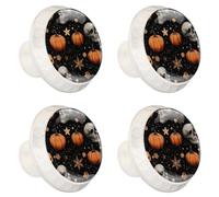 4 pomelli per cassetti, zucche di Halloween, teschi e stelle su sfondo nero, base bianca da 35 mm, pomelli per cassettiera, armadio, porta, armadietto, maniglie per cucina, camera da letto, armadio