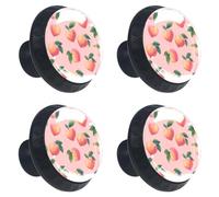 4 pomelli per cassettiera, a forma di cuore, frutta pesca con foglie verdi su sfondo rosa, in ABS, rotonde, per armadietti da cucina, armadio, camera da letto