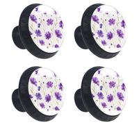 4 pomelli per cassettiera, acquerello, viola, fiori di campo su sfondo crema, in ABS, rotondi, per armadietti da cucina, armadio, camera da letto
