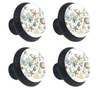 4 pomelli rotondi per cassettiere, acquerelli, stelle marine, conchiglie, alghe e piante, in ABS, rotondi, per armadietti da cucina, armadio, camera da letto