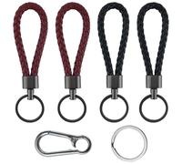 4 portachiavi in pelle intrecciata, con 1 moschettone, piccolo, unisex, per auto, moto e chiavi di casa (nero, rosso), Nero e rosso., Basic