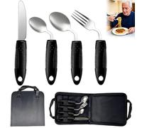 4 posate Parkinson in acciaio inox con custodia, posate pesate da 85 g, angolo di 42°, set di posate adattive per anziani disabili e artrite, aiuto alimentare con manico antiscivolo