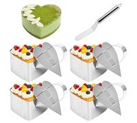 4 Pz Anello per Torte, Anelli per Dolci con Coperchi, Anello per Servire in Acciaio Inox per Alimenti, cottura, dessert, mousse, pasticcini, con raschietto (a forma di cuore, 8,5 x 7,7 x 4 cm)