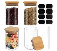 4 Pz Barattoli Vetro con Coperchio Ermetico, 300 ml Barattolo Vetro con Coperchio in Bambù Ermetico, Contenitore Barattoli Cucina per Conservazione Spezie Caffè Polvere Alimenti, con Adesivi e Penna