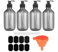 4 Pz Bottiglie Vuote Pompa a Pressione, 300 ml Dispenser Contenitore di Sapone Plastica per Shampoo Lozioni Bagno Cucina, con Etichetta Penna Imbuto (Nero trasparente)