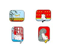 4 pz Cartoon Cats Walking On The Wall Spilla Smalto Risvolto Pin Set di Stile Cinese Building E Cat Spilla Carino Bianco Giallo Nero Gatto Smalto Spille per Zaini Cappelli Vestiti Decorazione Lega