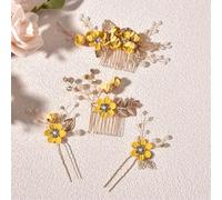 4 pz/set accessori per capelli da sposa fiore perla pettini per capelli damigella d'onore forcine tiara copricapo giallo bastoncini per capelli