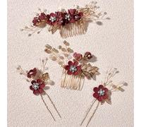 4 pz/set accessori per capelli da sposa fiore perla pettini per capelli damigella d'onore forcine tiara copricapo rosso scuro bastoncini per capelli