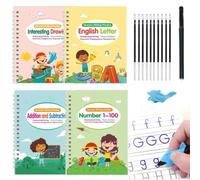 4 quaderni riutilizzabili per esercitazioni di scrittura a mano per bambini dai 3 agli 8 anni, grandi cartelle di lavoro scanalate magiche con penne, traccia lettere e numeri, disegno e matematica