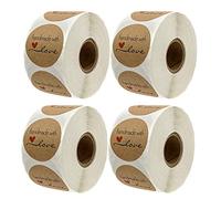4 Rotoli*500 Fogli Etichette Autoadesivo Kraft,Autoadesivo Handmade,Etichetta in Carta Kraft Etichetta Homemade Carta Kraft con Amore Adesivi Adesivi Rotondi Fatti a Mano Rotolo di Etichette Decor