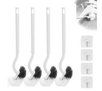 4 scopini per WC, scopino per WC con pulizia dei bordi, spazzola per WC di aggiornamento, design curvo, manico lungo, in plastica, setole forti, set con ganci adesivi per pulizia profonda