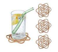 Relaxdays Sottobicchieri, Set da 4, Foglie di Palma, Poggia Bicchieri, 10x10 cm Sottobottiglie Design Boho, Naturale, Fibra vegetale