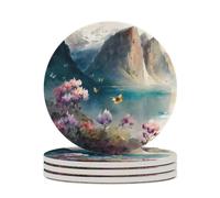 4 sottobicchieri con dipinti a olio di montagna, fiori e farfalle, assorbenti per bevande, con supporto in sughero per la protezione del tavolo, per la nuova casa