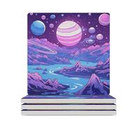 4 sottobicchieri con retro in sughero, sottobicchieri in ceramica viola e Saturno, per bevande, assorbenti, per tavolino, tappetino protettivo da tavolo per tazze da 9,4 cm