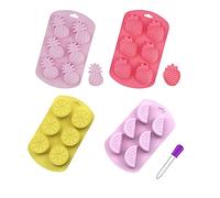 4 stampi 3D a forma di frutta, mini ananas, fragola, arancia, mirtillo, gelso, candela in silicone per gelatina, fondente, sapone, decorazione per torte, cupcake, con contagocce