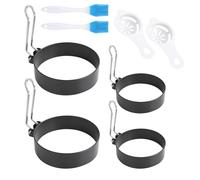 4 stampi per uova fritte, pancake, versatili, stampi per uova fritte e pancake, in acciaio inox, set da 4 forme (7,5 cm e 9 cm) + 2 separatori per uova e 2 spazzole per una perfetta variazione della