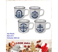 4 TAZZE CAFFETTIERA MARITTIMA TEATIME BUSSOLA ANCORA FARO GRES 9x8cm 325ml