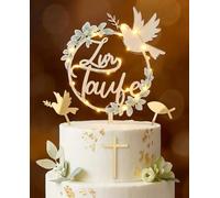 4 topper per torta battesimo con catena luminosa a LED, in legno, decorazione per torte, battesimi e piccioni in acrilico, decorazione per torte personalizzata, per ragazze e ragazze