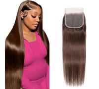 4 x 4 Closure Human Hair brasiliano Chocolate Brown Color Trasparente Lace 180% Density Baby Hair Natural Look Hairline Free Part & Silky Straight 14 pollici